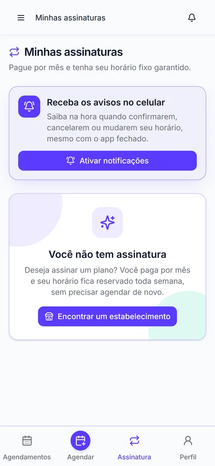 Tela do cliente no aplicativo com o plano mensal e os horários fixos dele