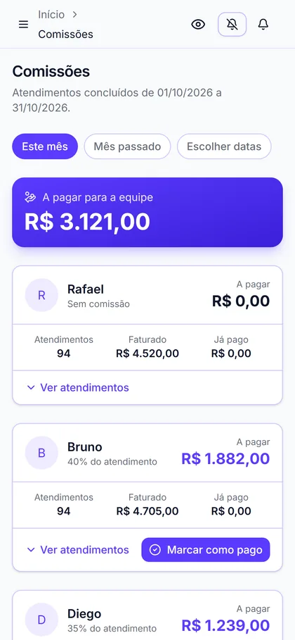 Tela de comissões com o total a pagar para a equipe e o valor de cada profissional no mês