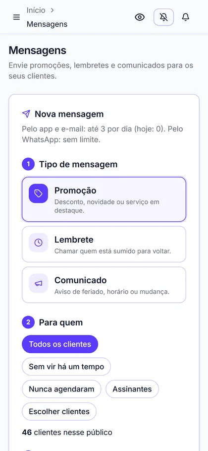 Tela de nova mensagem com os tipos promoção, lembrete e comunicado e a escolha do público