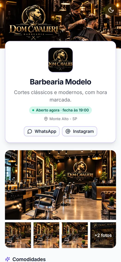 A mesma página de agendamento da barbearia aberta no celular, com botões de WhatsApp e Instagram