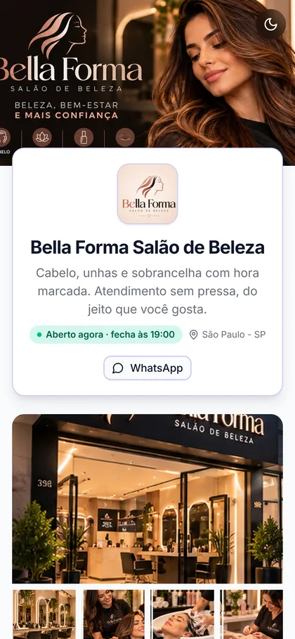 Página de agendamento de um salão no celular, com logo, endereço, botão de WhatsApp e lista de serviços com preço