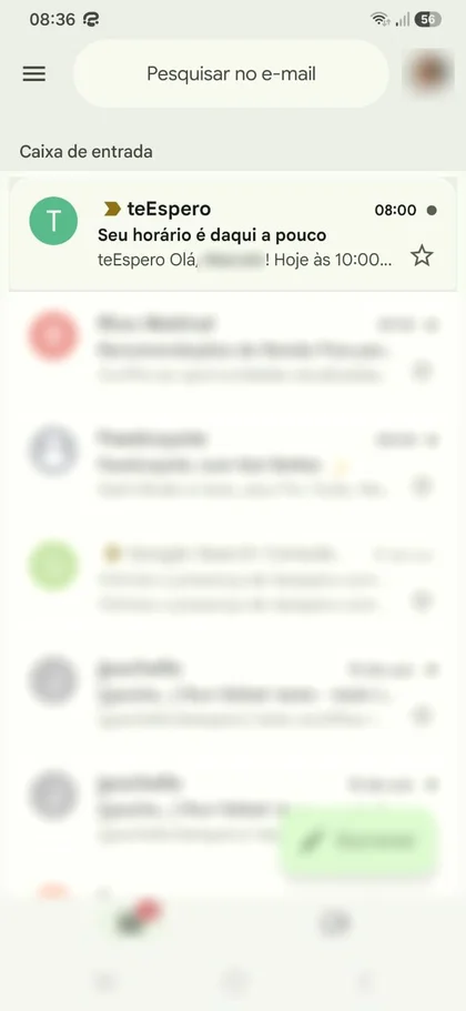 Caixa de entrada do cliente com o e-mail do teEspero em destaque: Seu horário é daqui a pouco, hoje às 10:00