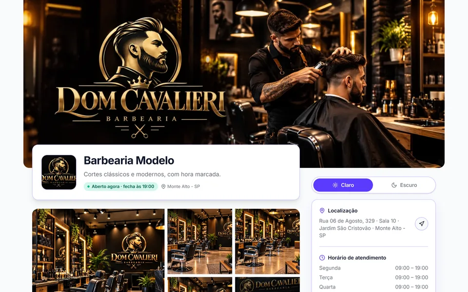 Página de agendamento da Barbearia Modelo no computador, com foto de capa, galeria do espaço, endereço em Monte Alto (SP) e horário de atendimento