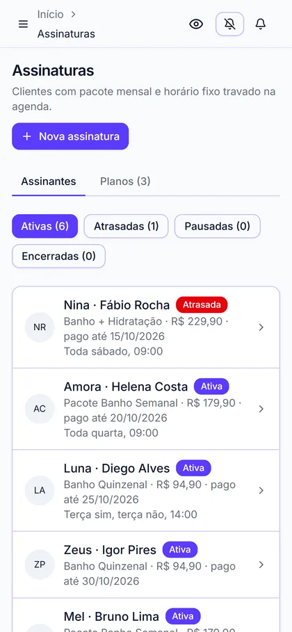 Pacotes mensais do pet shop: Pacote Banho Semanal, Banho + Hidratação e Banho Quinzenal, com status e horário fixo de cada pet
