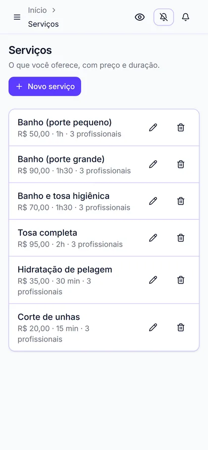 Serviços de banho e tosa com preço e duração de cada porte