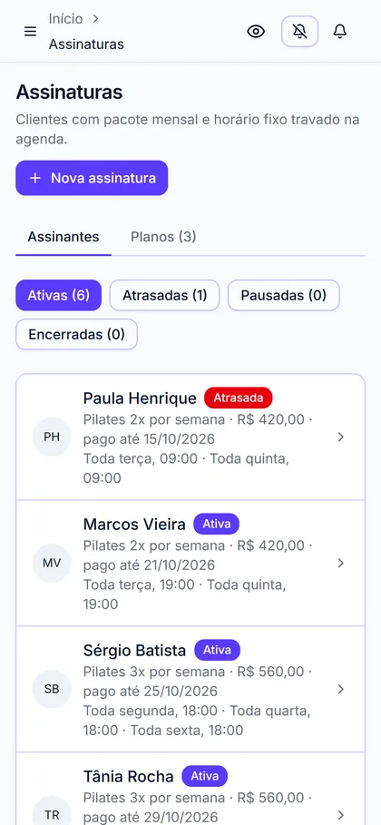 Planos do studio com alunos fixos: Pilates 2x e 3x por semana, com os horários de cada aluno e o status do pagamento