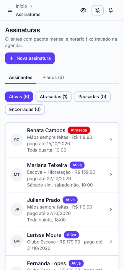 Assinaturas do salão: Clube Escova, Mãos sempre feitas e Escova + Hidratação, com status e horário fixo de cada cliente