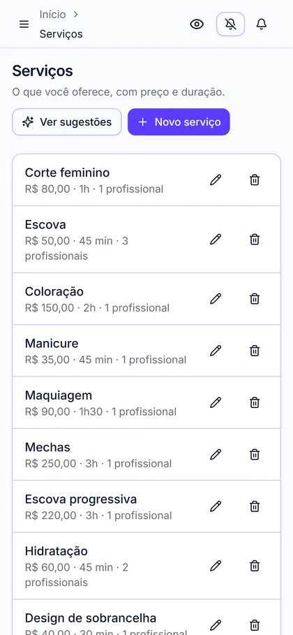 Serviços do salão com preço e duração: corte feminino, escova, coloração, manicure, mechas, progressiva e hidratação